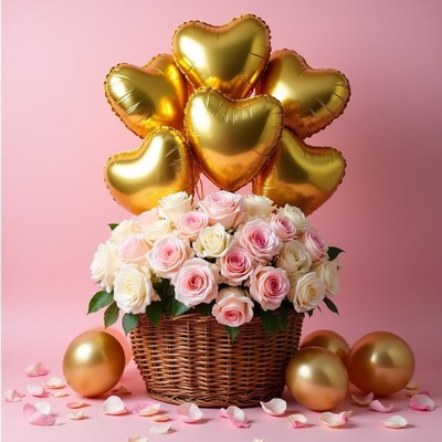 Gold heart balloons with pink roses