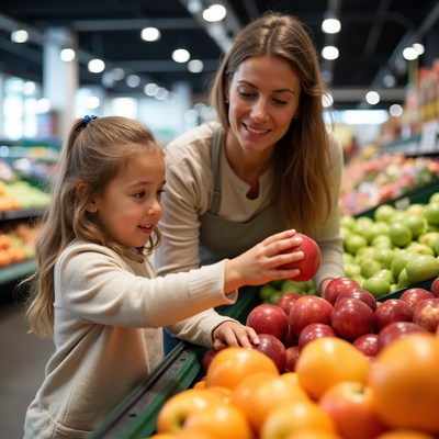 Mother and daughter picking apples
