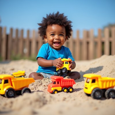 African-American baby playing with toy dump trucks