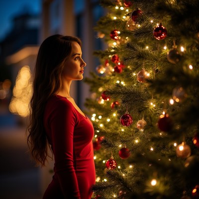 Woman in red dress by Christmas tree