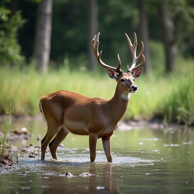 Buck standing in shallow forest water
