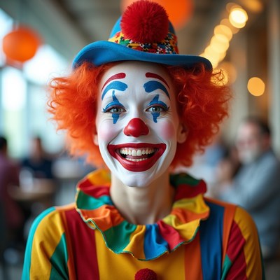 Female clown smiling in restaurant