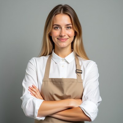 Smiling woman in apron with arms crossed
