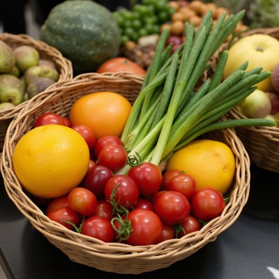 Fresh Tomatoes and Oranges in Wicker Basket