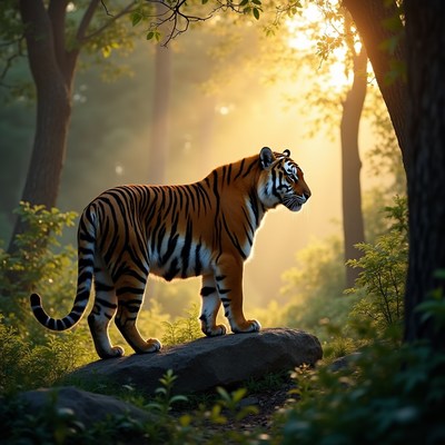 Tiger standing on rock in forest