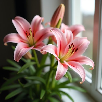 Pink Lilies in Window Vase