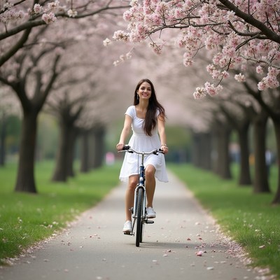 Woman biking through cherry blossom trees
