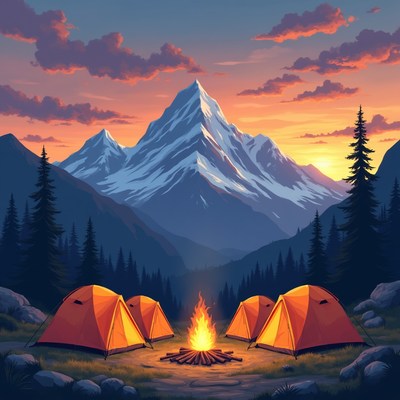 Campfire and Tents in Mountain Sunset