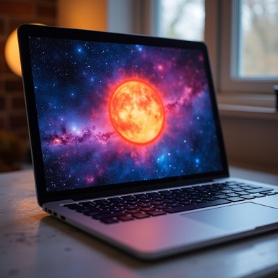 Laptop displaying vibrant space galaxy