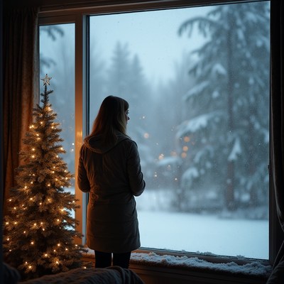 Woman gazing at snowy forest through window