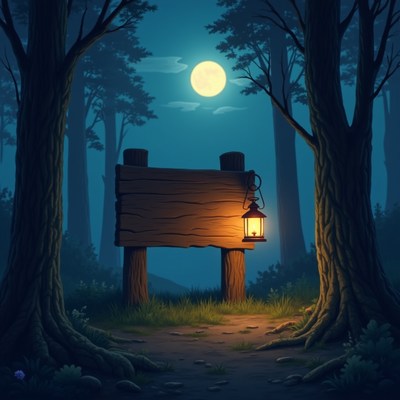 Wooden Signboard with Lantern in Moonlit Forest