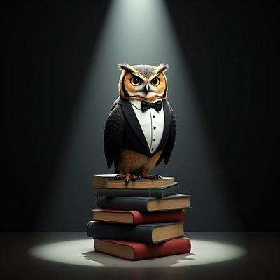 Owl in tuxedo on books