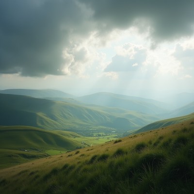 Green Hills with Dramatic Clouds and Sun Rays