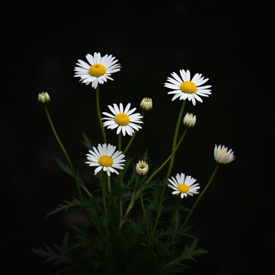 Bunch of white daisies on black background