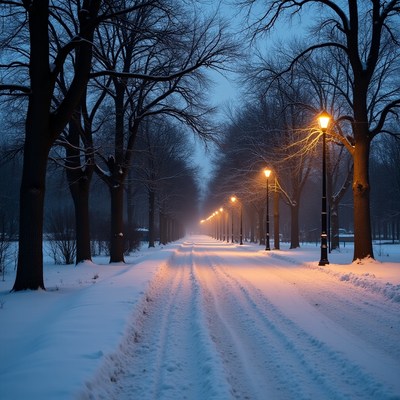 Snowy Tree-Lined Path with Street Lamps