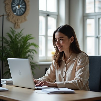 Woman working on laptop at desk