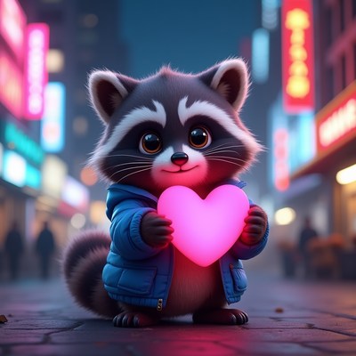 Cute raccoon holding heart in neon city