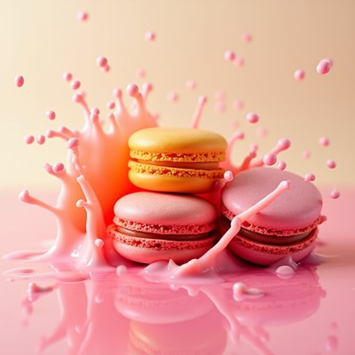 Stacked Pink Yellow Macarons with Splashing Cream