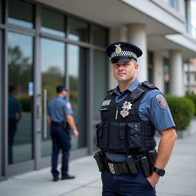 Policeman standing in front of building