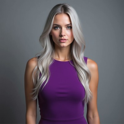 Woman in purple top with long blonde hair