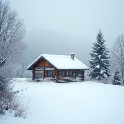 Snowy Log Cabin in Winter Landscape