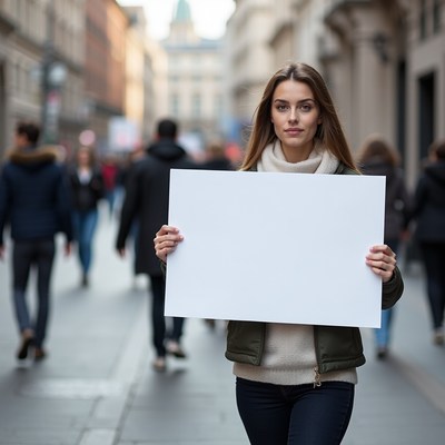 Woman holding blank sign on street