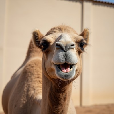 Camel smiling against wall