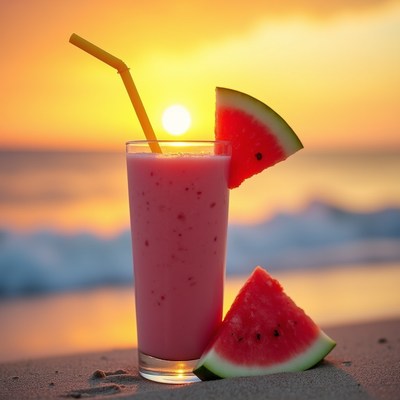 Watermelon Smoothie on Beach Sunset