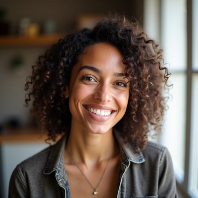 Smiling woman with curly hair