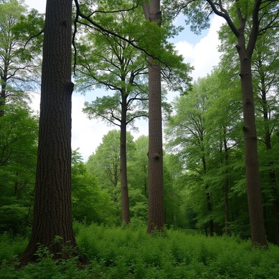 Tall trees in lush green forest