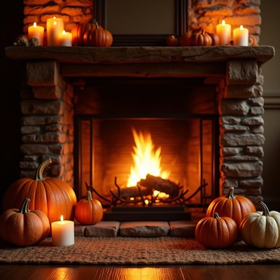 Cozy Fireplace with Pumpkins and Candles