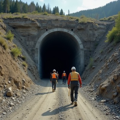 Workers entering mountain tunnel construction site