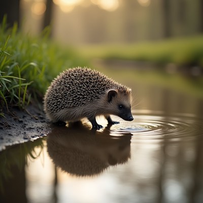 Hedgehog drinking from forest stream