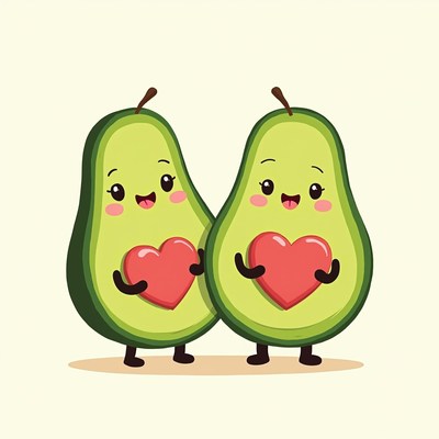 Cute avocados hugging red heart