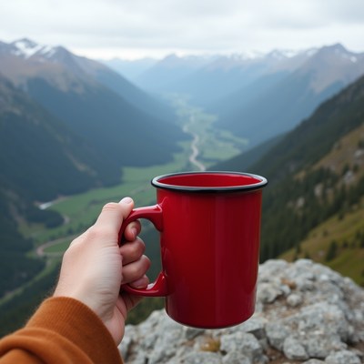 Hand holding red mug with mountain view