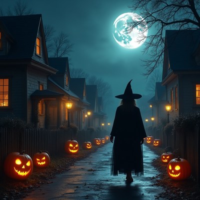 Witch walking Halloween street with pumpkins