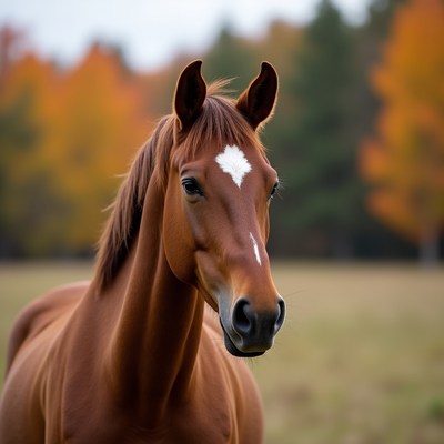 Bay horse with blaze in autumn forest