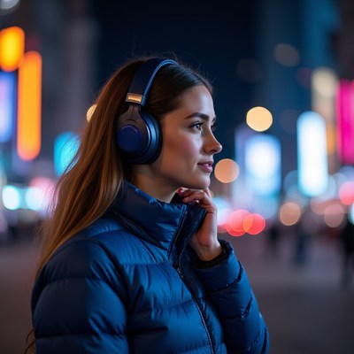 Woman wearing headphones in neon city night