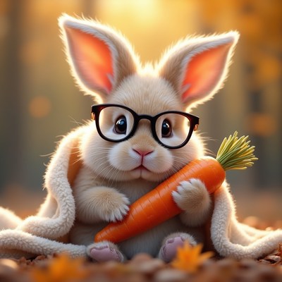 Cute bunny with glasses holding carrot