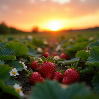 Strawberries in field at sunset