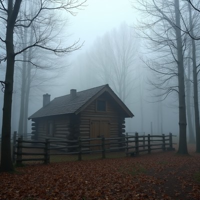 Log Cabin in Foggy Forest