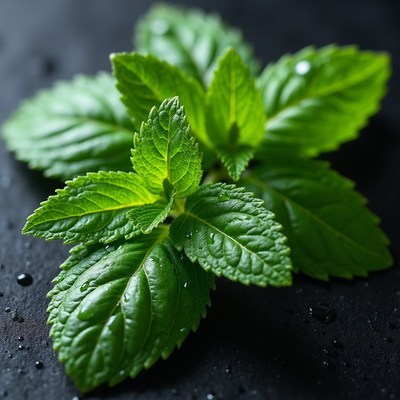 Fresh Mint Leaves on Black Background