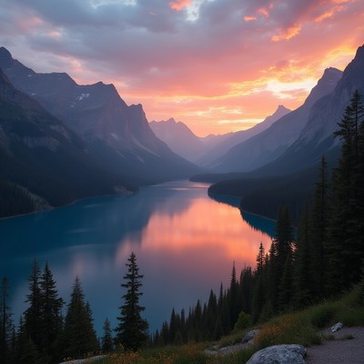 Sunset over turquoise lake in mountains