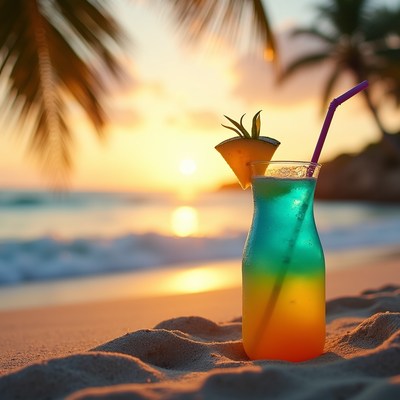 Tropical Sunset Cocktail on Beach