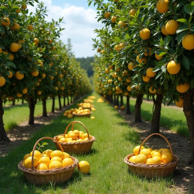 Orange Grove with Harvest Baskets