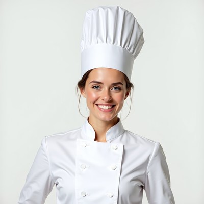 Smiling woman in white chef uniform