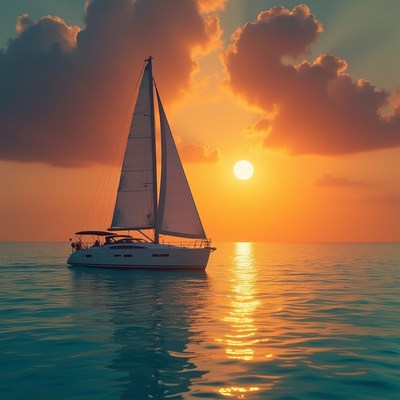 Sailboat on calm sea at sunset