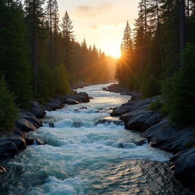 River flowing through pine forest at sunset