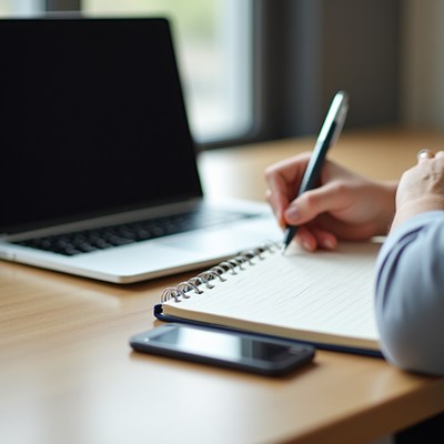 Woman writing notes beside laptop