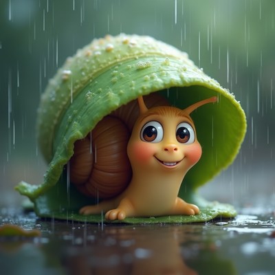 Cute Snail Under Leaf Umbrella in Rain